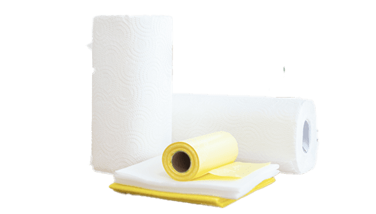 Paper towels, toilet paper, and cleaning supplies