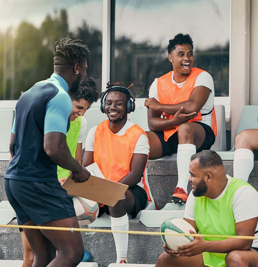 Rugby team, people and coaching strategy, checklist and game event, formation or match planning at stadium